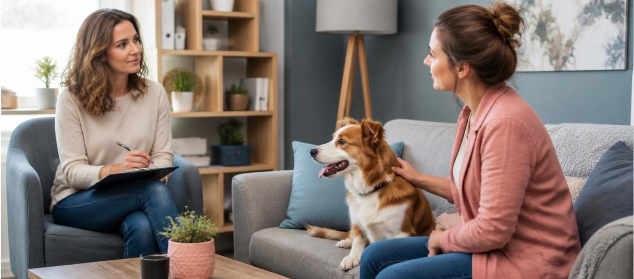 Comportementaliste échangeant avec une propriétaire et son chien