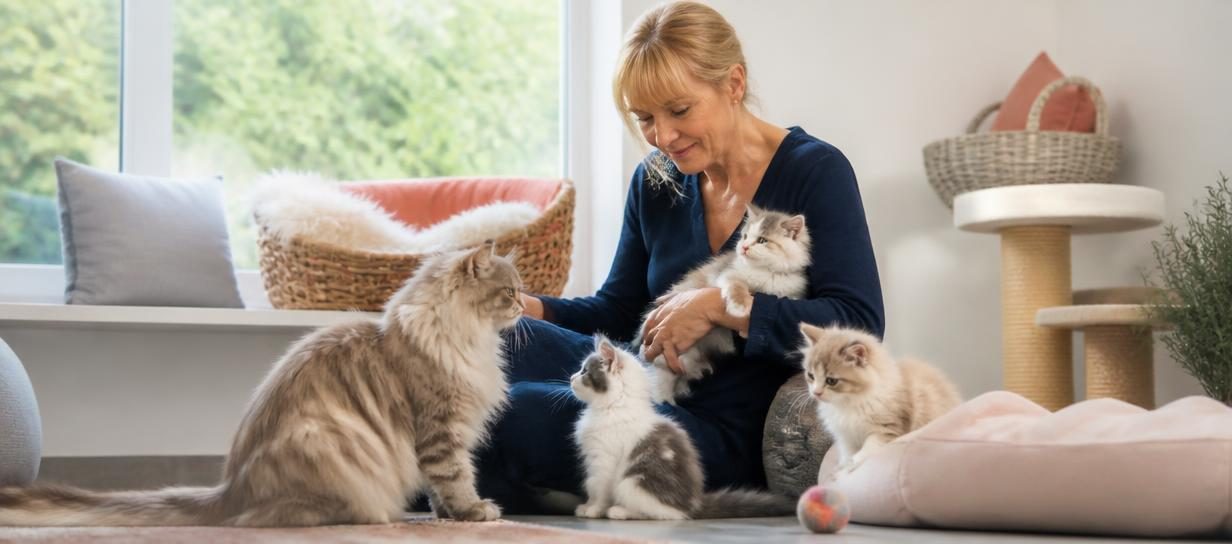 Éleveuse professionnelle entourée de chats et de chatons