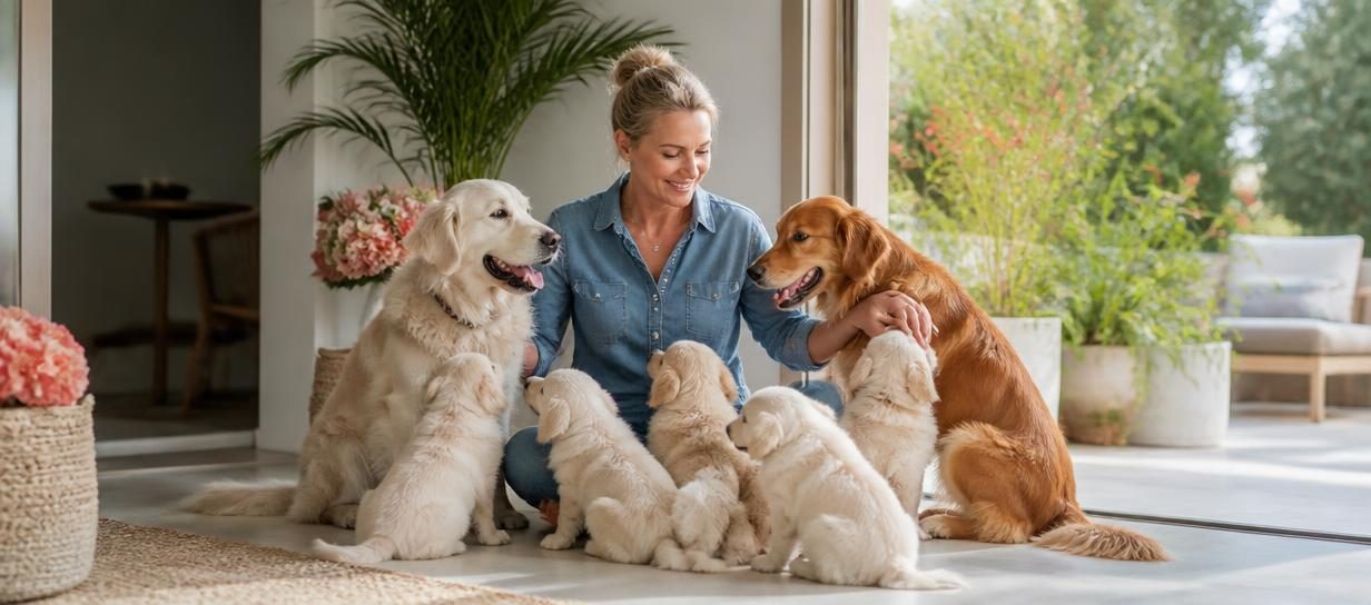 Éleveuse professionnelle entourée de chiens et de chiots
