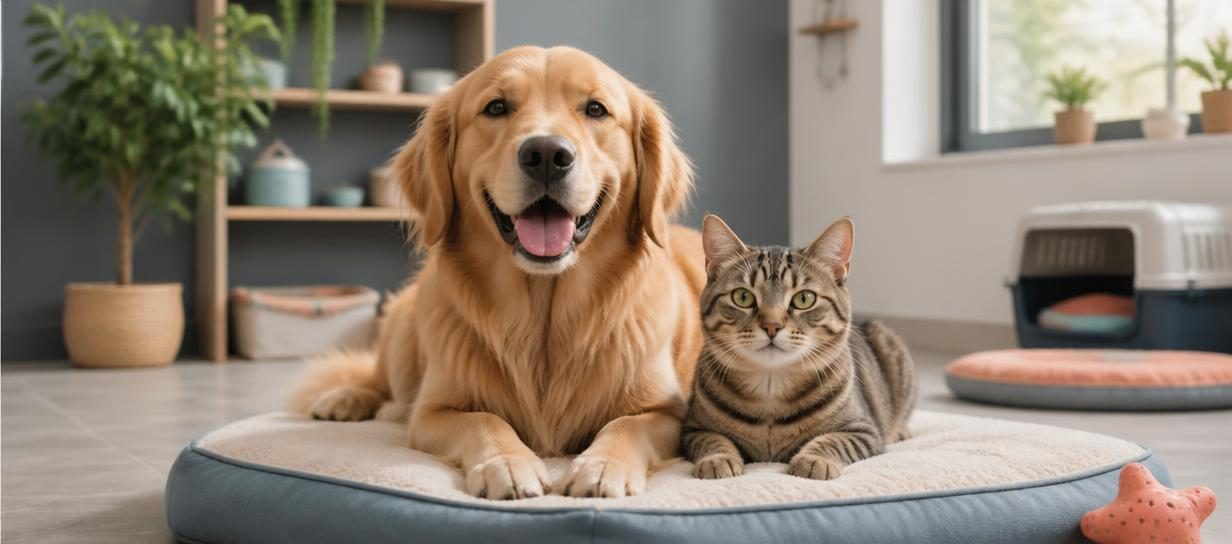 Chien et chat dans un espace professionnel accueillant