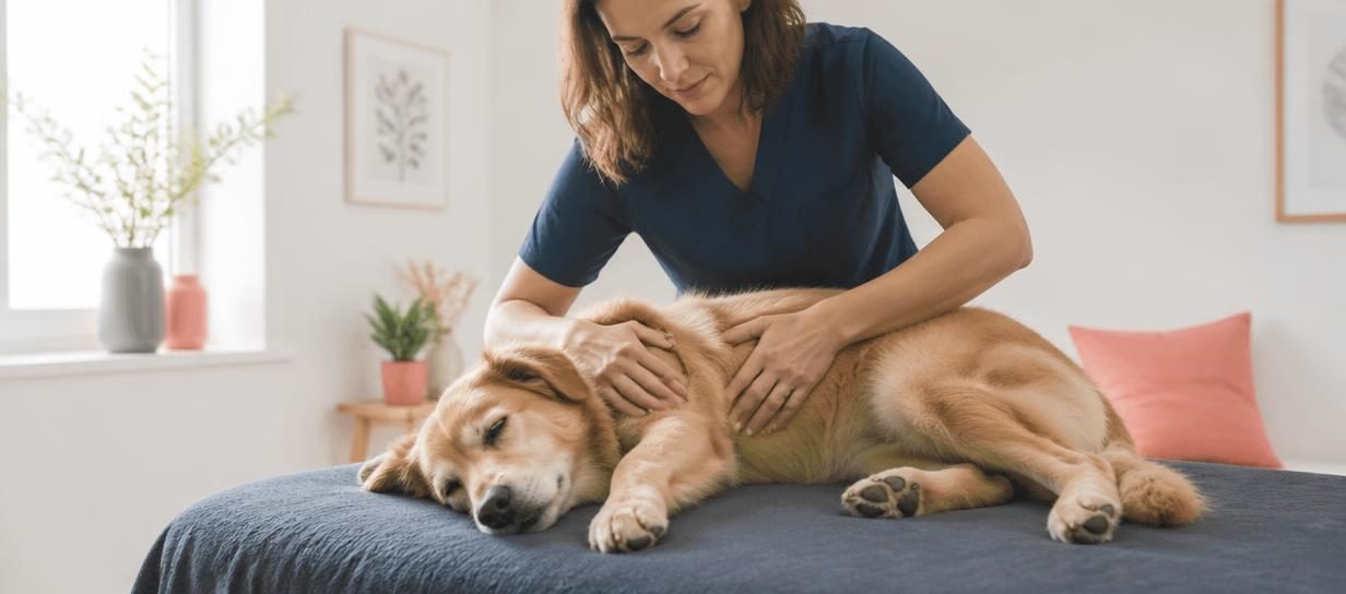 Ostéopathe animalier manipulant doucement un chien