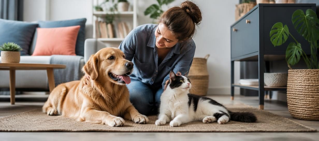Pet-sitter prenant soin d’un chien et d’un chat