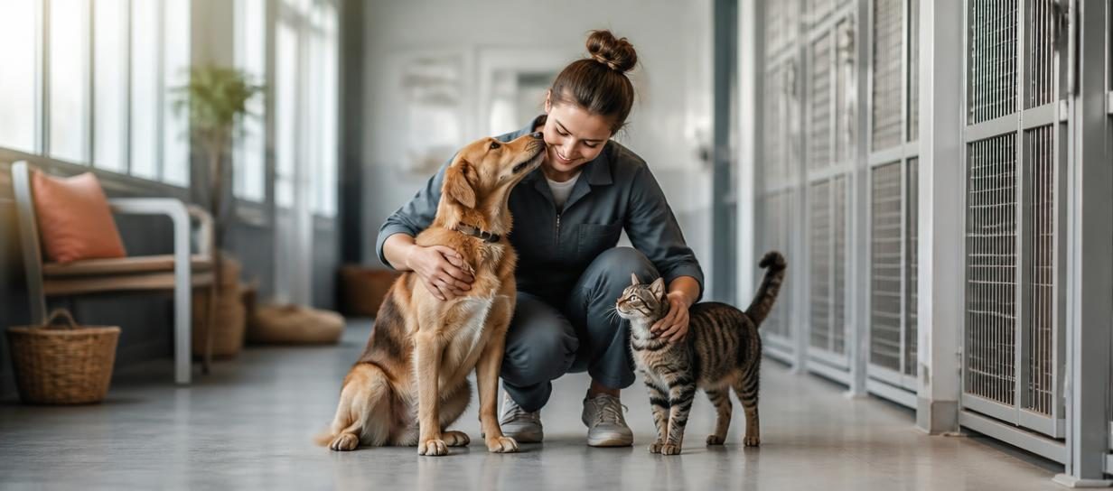 Professionnelle accueillant un chien et un chat dans un refuge