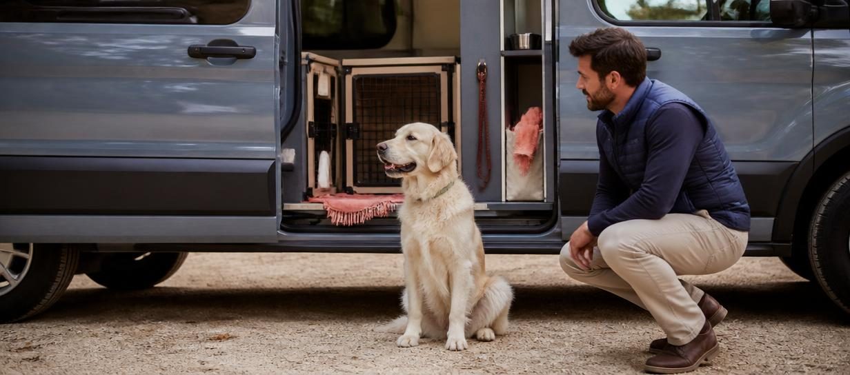 Chien près d’un véhicule professionnel de transport animalier