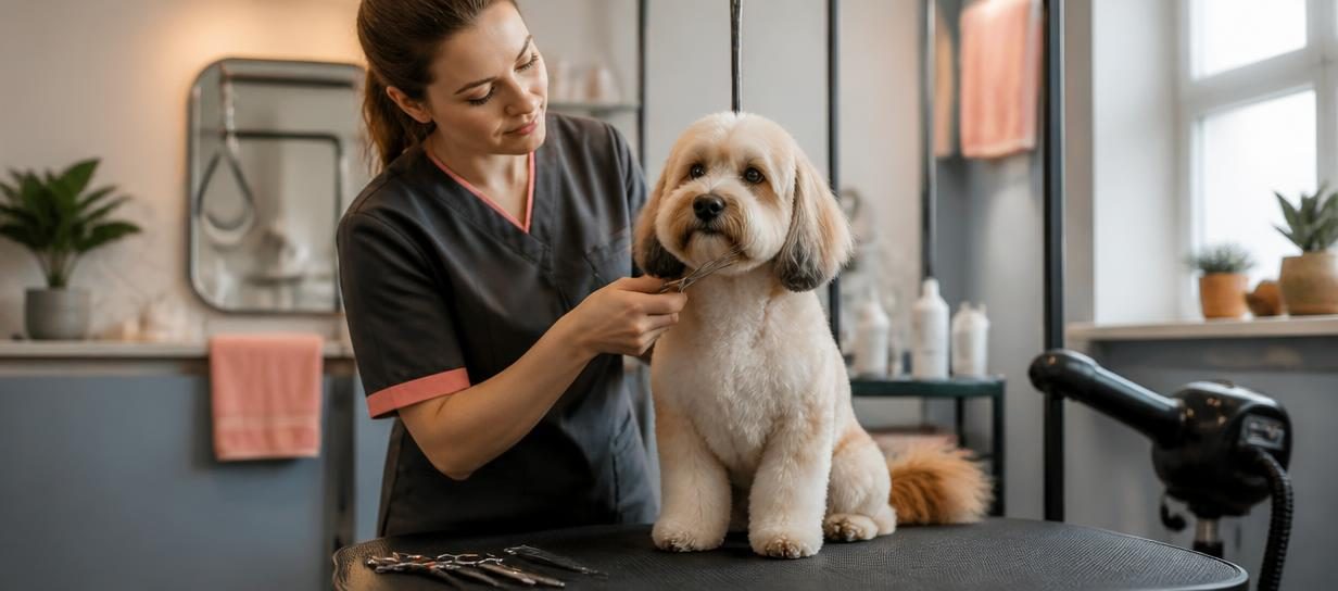Toiletteur professionnel prenant soin d’un chien