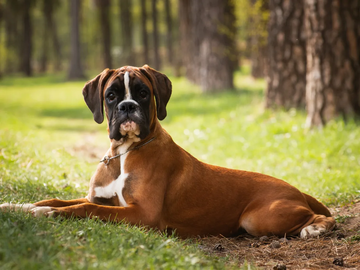 Boxer fauve couché dans un environnement boisé