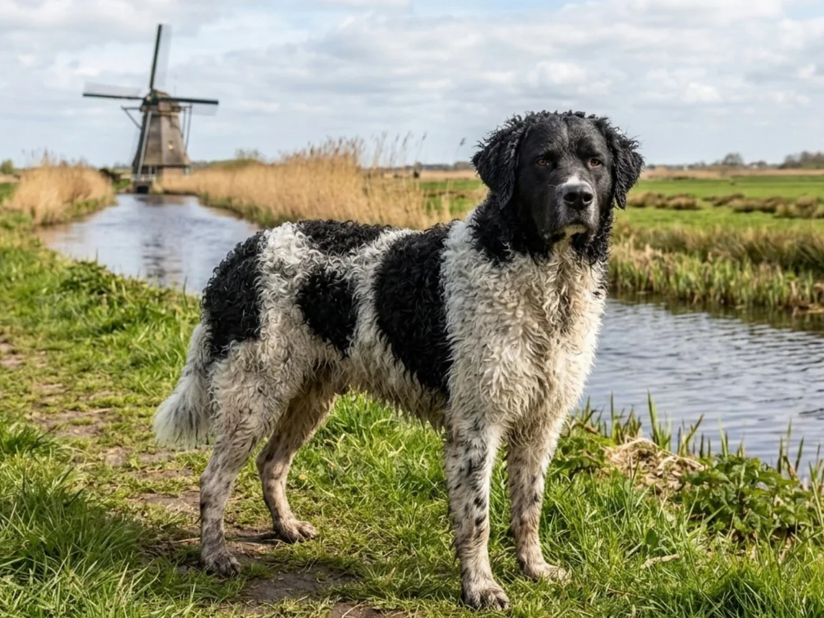 Chien d’eau frison noir et blanc près d’un canal