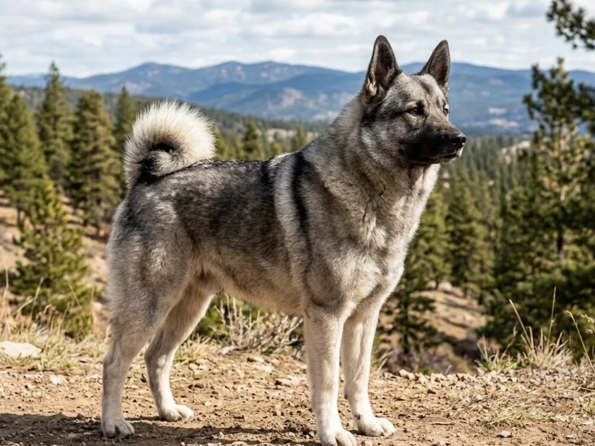 Chien d’élan norvégien gris dans un paysage montagneux