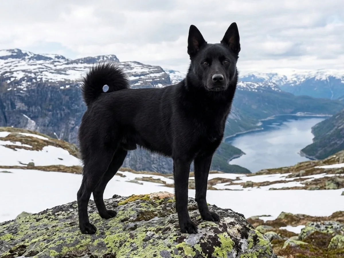 Chien d’élan norvégien noir dans un paysage de montagne
