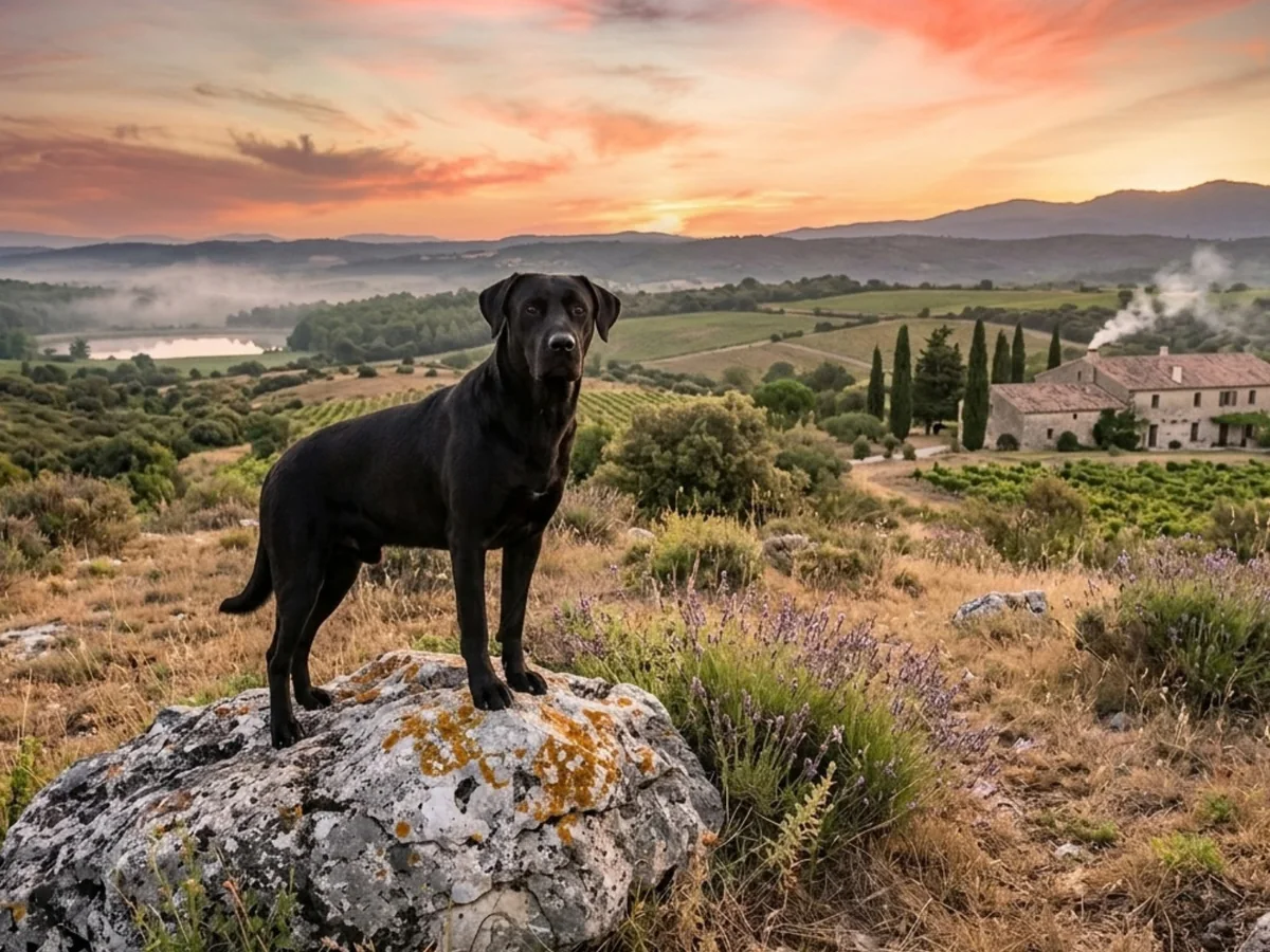 Chien de berger de Majorque noir dans un paysage méditerranéen
