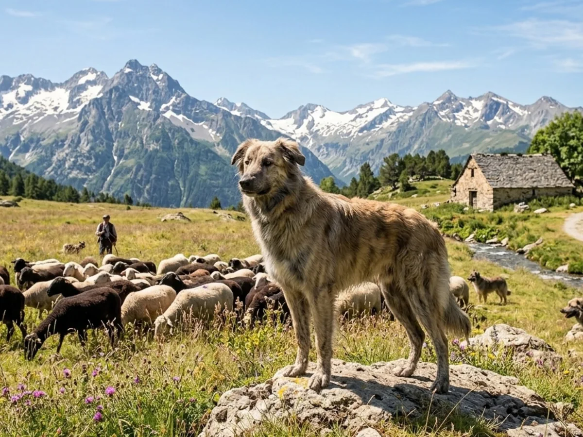 Chien de berger des Pyrénées à face rase avec un troupeau