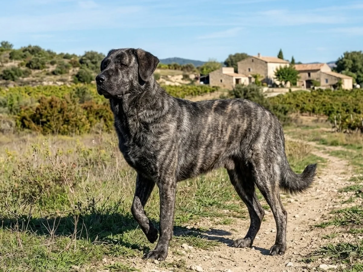 Chien de Castro Laboreiro bringé dans un paysage rural