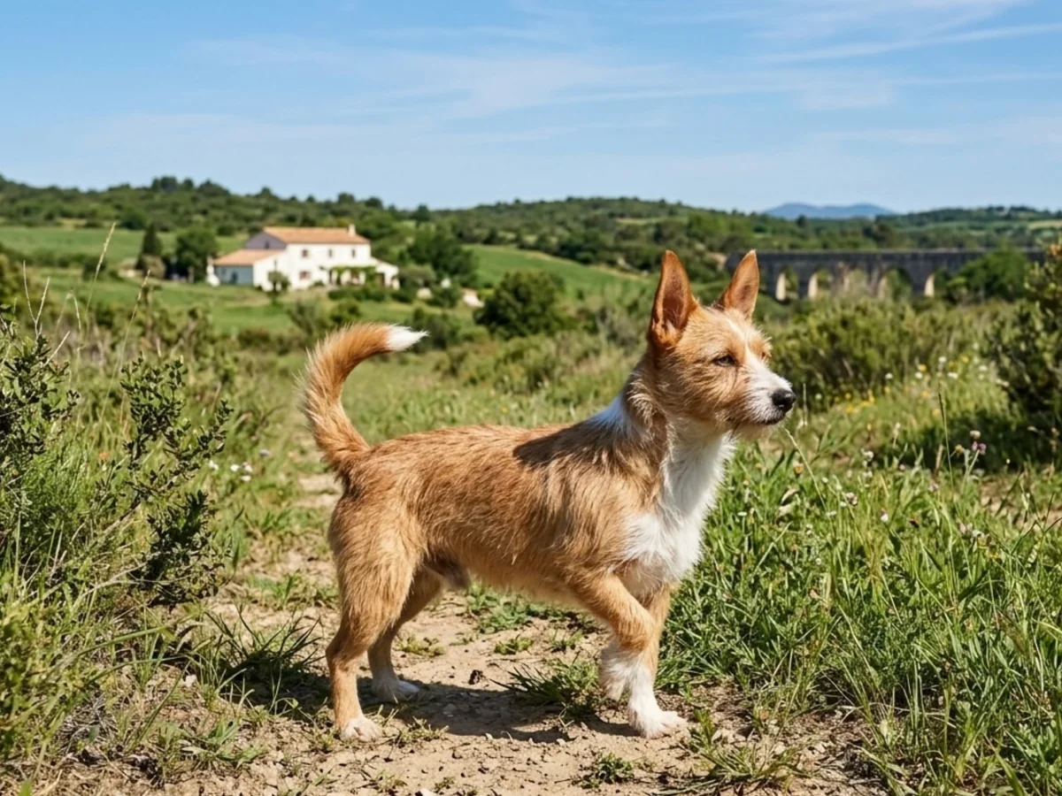 Chien de garenne portugais fauve dans un paysage rural
