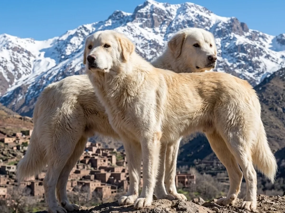 Chiens de montagne de l’Atlas dans un paysage montagneux