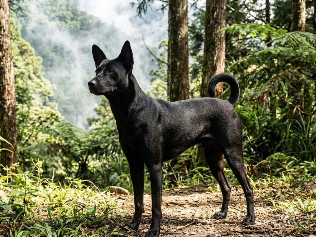Chien de Taiwan noir debout dans un environnement naturel