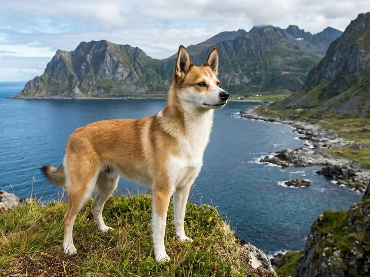 Chien norvégien de macareux dans un paysage côtier